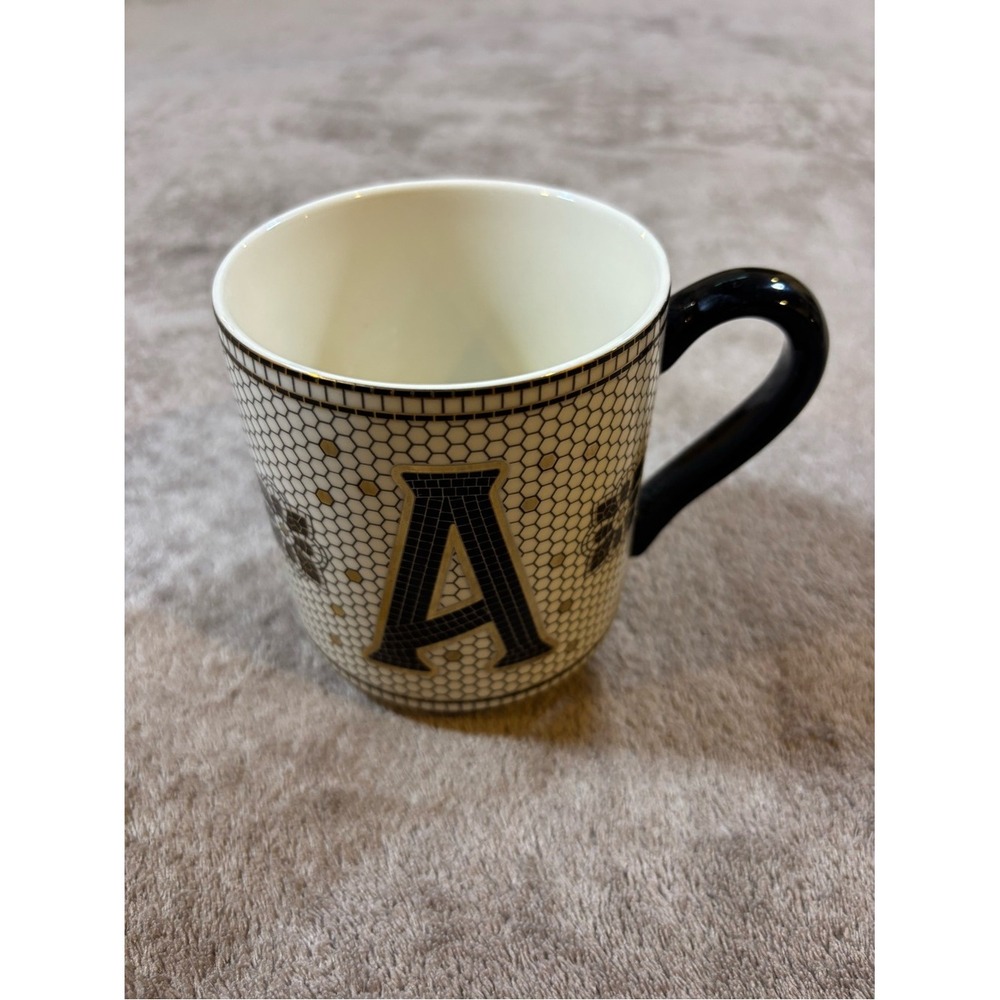 Anthropologie Bistro Tile Monogram A Ceramic Mug in Black Cream Gold